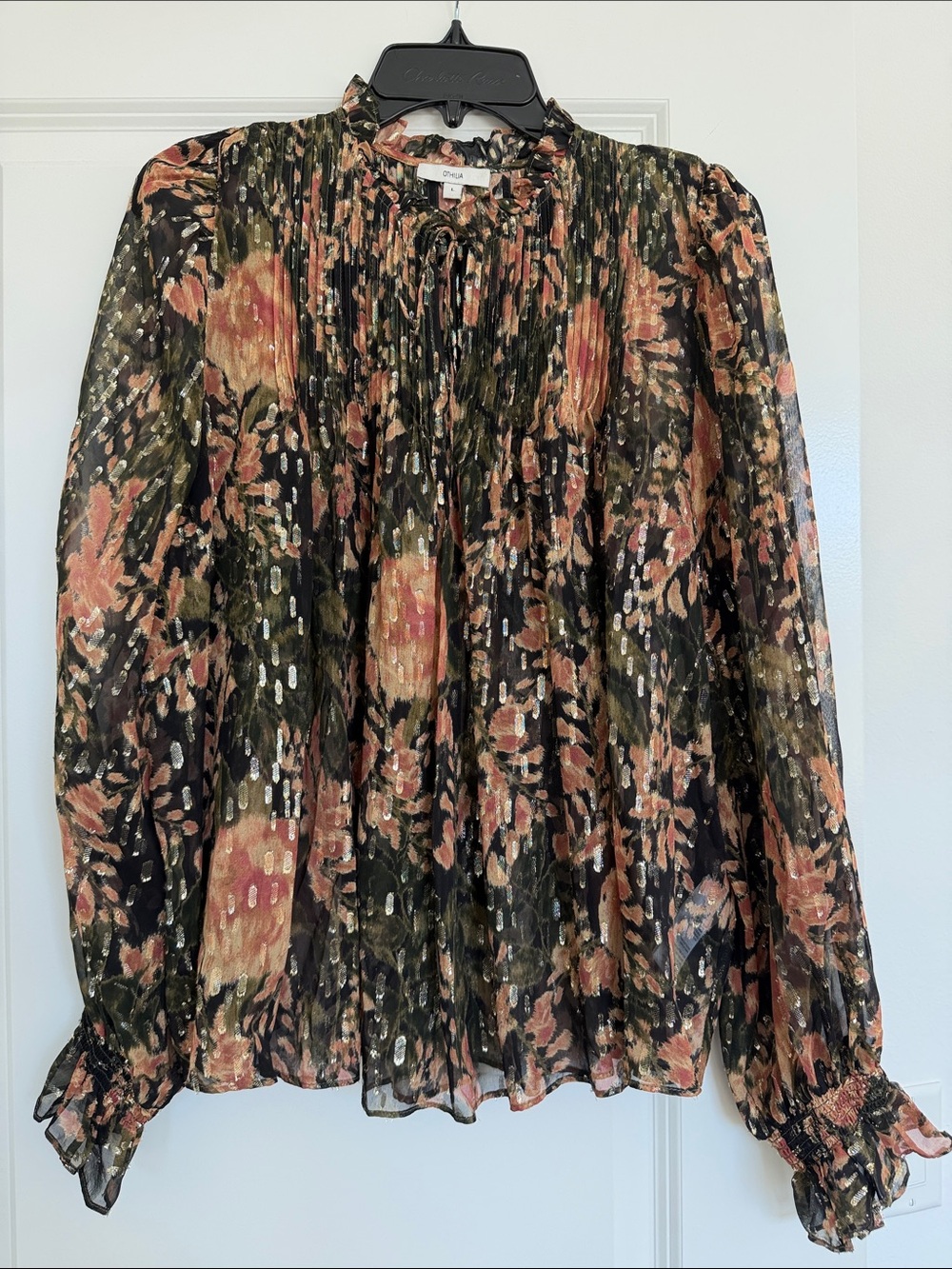 Anthropologie Black Multi Floral Pintuck Ruffle Blouse